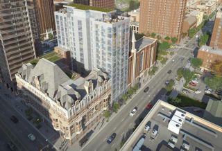 A rendering of Cedar St.'s redevelopment of the Bush Temple of Music, including a new 16-story apartment tower adjacent to the historic building.