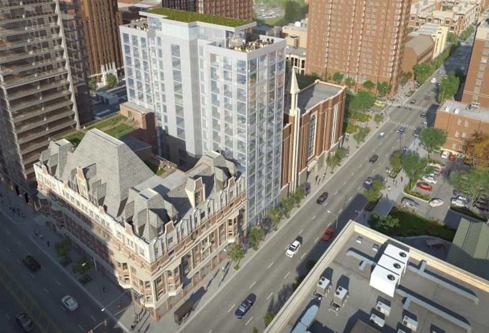 A rendering of Cedar St.'s redevelopment of the Bush Temple of Music, including a new 16-story apartment tower adjacent to the historic building.