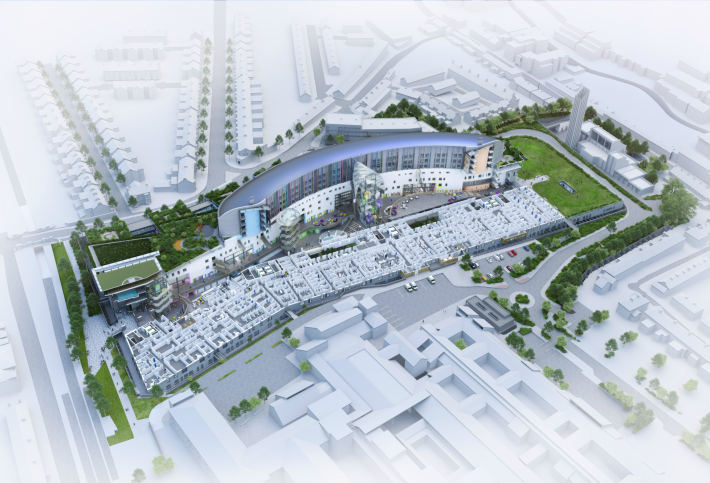 CGI of the National Children's Hospital and the St James's Street Hospital campus in Dublin. 