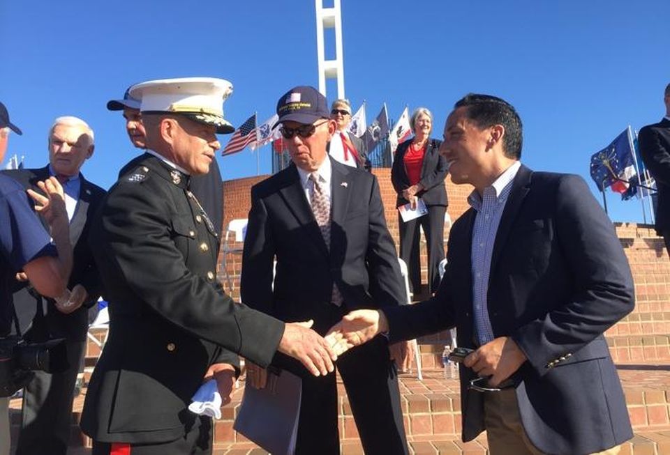 San Diego Assemblyman Todd Gloria shaking hands with is U.S. Marine Lieutenant General L.A. Craparotta at Mt. Soledad Veterans Day celebration.