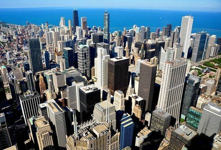 An aerial view of downtown Chicago