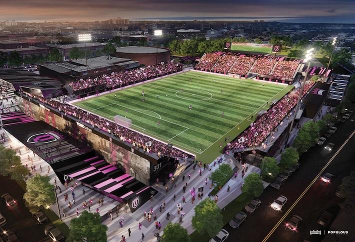 A rendering of Queensboro FC's soccer-specific stadium at York College