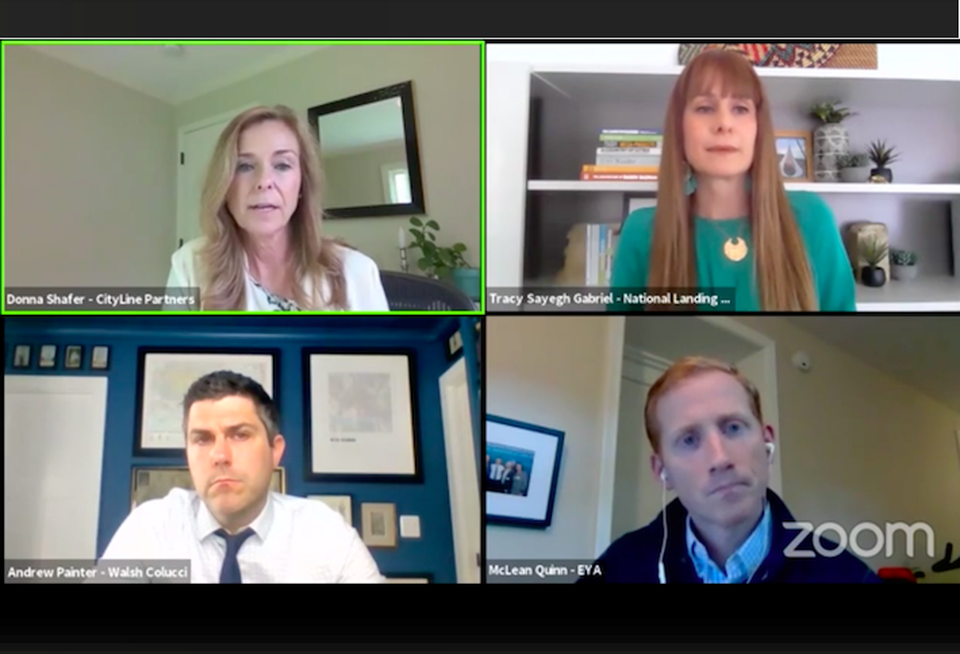 Clockwise from top left: Cityline Partners' Donna Shafer, National Landing BID's Tracy Sayegh Gabriel, EYA's McLean Quinn and Walsh Colucci's Andrew Painter.