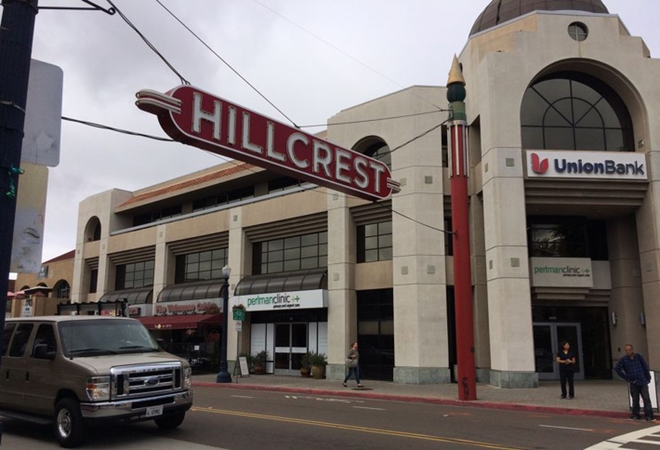 Pictured is the Hillcrest sign at the intersection of University and 4th avenues, Uptown's commercial district.
