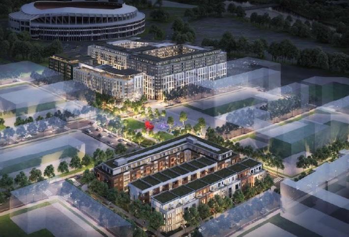 A rendering of R13 Community partners plan for its Hill East project, with RFK Stadium in the background. 