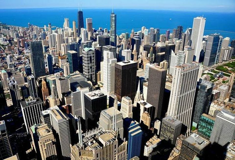 A view of the downtown Chicago office district