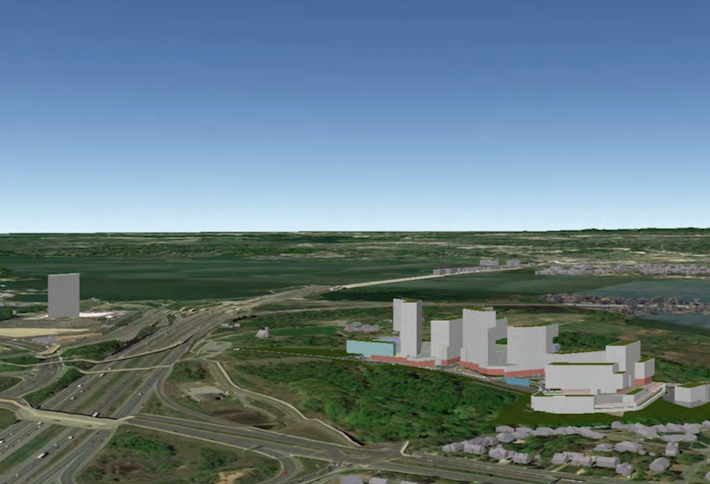 An early concept rendering showing the potential for the National View development on the right with MGM National Harbor on the left. 