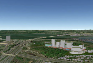 An early concept rendering showing the potential for the National View development on the right with MGM National Harbor on the left. 