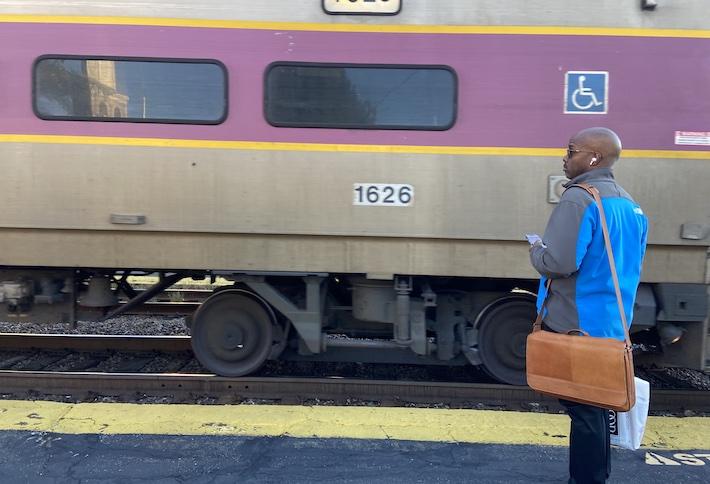 Commuter rail train pulling into West Medford station.