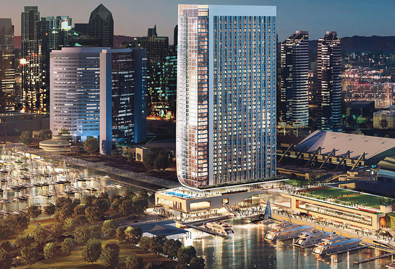 A rendering of the Fifth Avenue Landing with marina expansion The convention center hotel is at right and low-cost, shared lodging hotel at left.