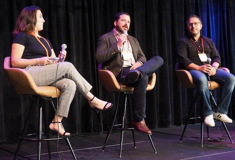 Bisnow's Liz Baker, Industrious' Peri Demestihas and Cava's Ike Grigoropoulos. 
