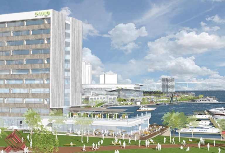 Concetpual drawing of hotel and waterfront, looking down G Street from OliverMillians' proposal