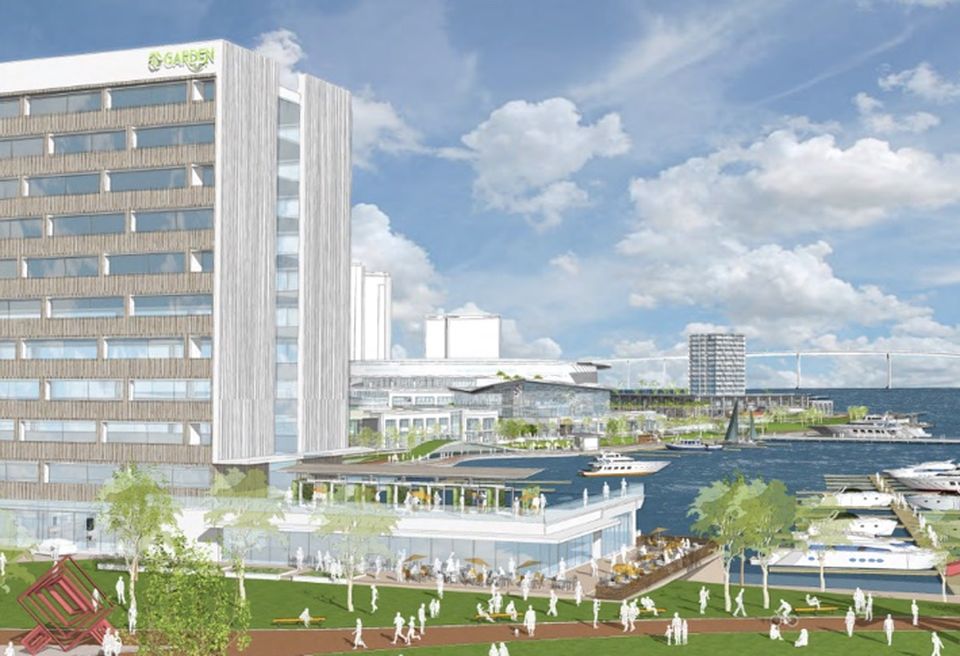 Concetpual drawing of hotel and waterfront, looking down G Street from OliverMillians' proposal