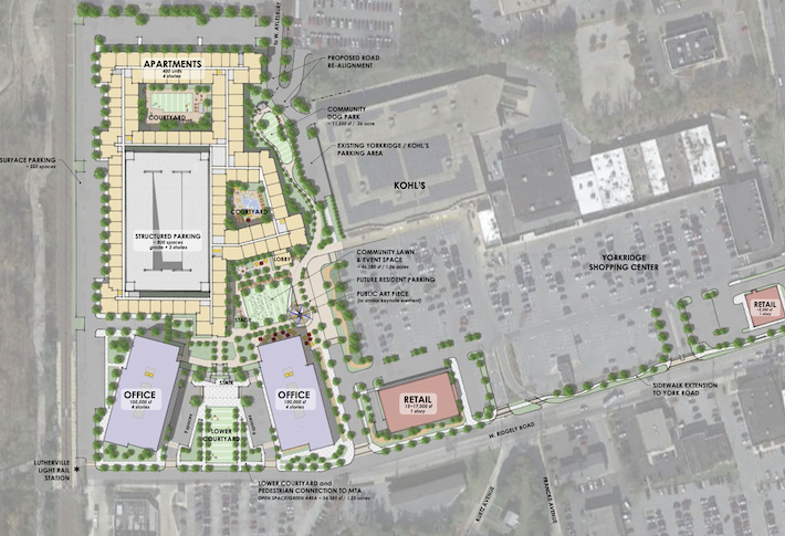 A site plan showing the plans for the Lutherville Station redevelopment. 