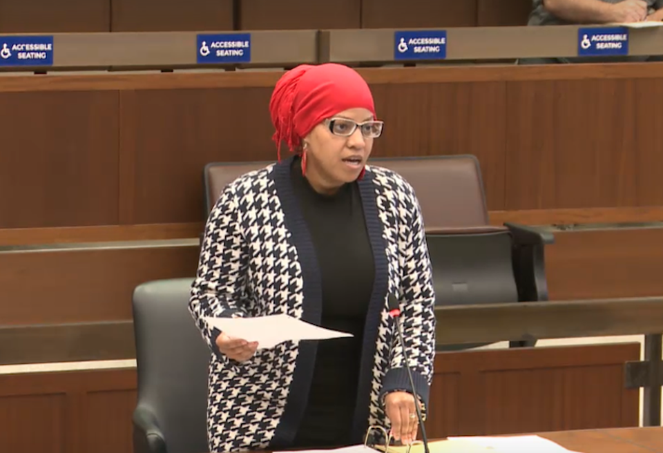 Councilor Tania Fernandes Anderson at a city council meeting in May to discuss reinforcing fines for landlords that have neglected their property.