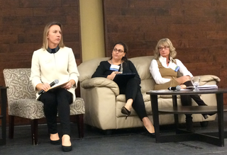 (L-R) Encinitas Mayor Catherine Blakespea explaining her city's affordable housing dilemma at a San Diego/Tijuana ULI conference on the workforce housing crisis, with Southwest Strategies senior vice president Elizabeth Hansen, andNorth Park Community Plan Update leader Vicki Grandowitz at ULI conference on the workforce housing crisis.