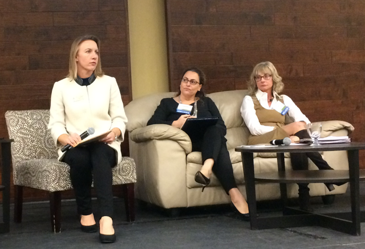 (L-R) Encinitas Mayor Catherine Blakespea explaining her city's affordable housing dilemma at a San Diego/Tijuana ULI conference on the workforce housing crisis, with Southwest Strategies senior vice president Elizabeth Hansen, andNorth Park Community Plan Update leader Vicki Grandowitz at ULI conference on the workforce housing crisis.