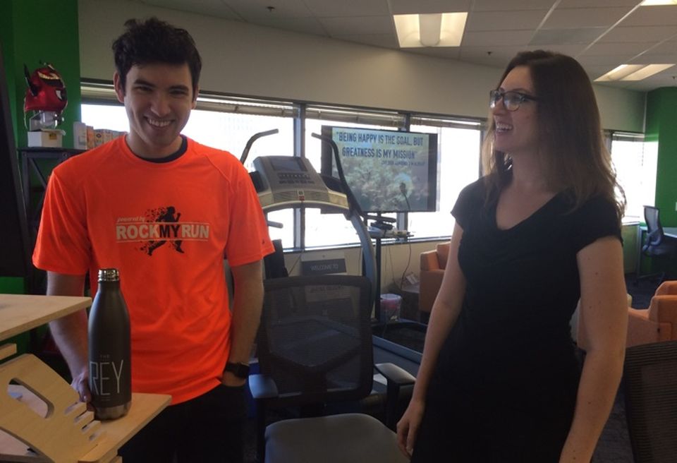 Above is Bryan Gula and Amanda McDoulett, the Irvine Co’s community manager for the co-working space at The Vine San Diego. Rock My Run, which includes 13 team members, is developing a health and fitness app that motivates people to reach their exercise goal by adapting music curated by professional DJs to sync with body motion in real time.