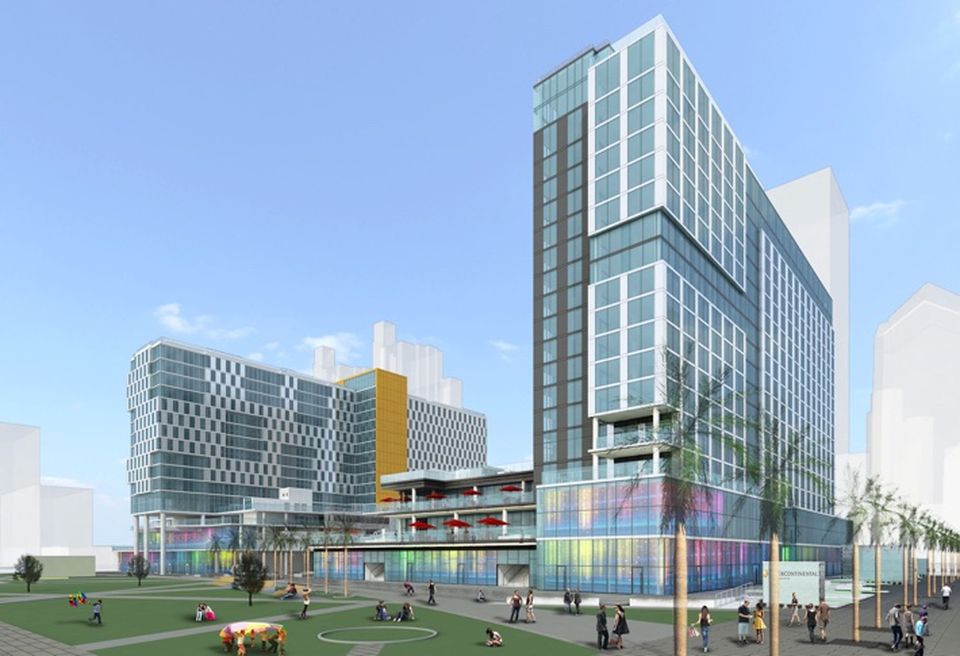 Picture is BRIC 1's 19-story, dual-brand Marriott hotel, a 253-key Spring hill Suites and 147-key Residence Inn, connected by 60k SF of retail to BRIC 2's 18-story IHG Intercontinental Hotel & Resort, which is under construction on the San Diego Bay.