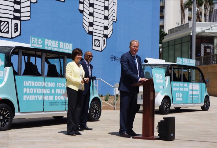 San Diego launches free Downtown shuttle service. Pictured (l-r) are Downtown San Diego Partnershippresident Kris Michell,Civic San Diego president Reese A. Jarrett, and San Diego Mayor Kevin L. Falconer arriving on FRED.