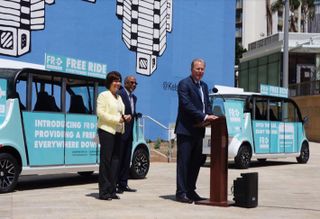 San Diego launches free Downtown shuttle service. Pictured (l-r) are Downtown San Diego Partnershippresident Kris Michell,Civic San Diego president Reese A. Jarrett, and San Diego Mayor Kevin L. Falconer arriving on FRED.