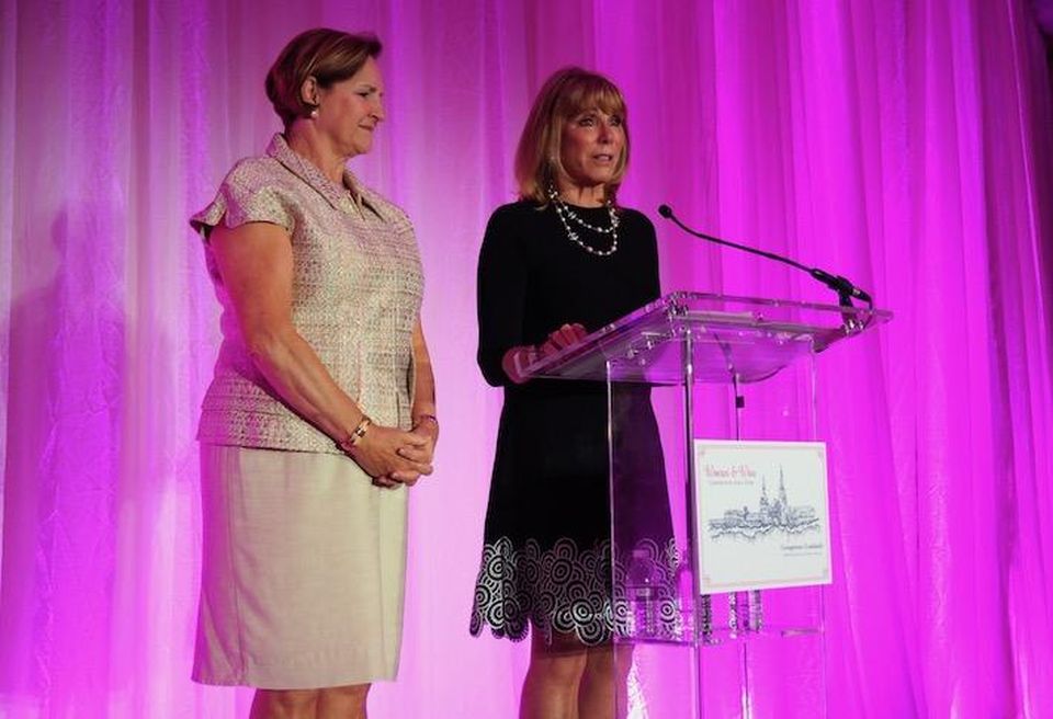 Brandywine Realty Trust's Janet Davis and Baker Tilly's Barbara McDuffie speaking at Women & Wine