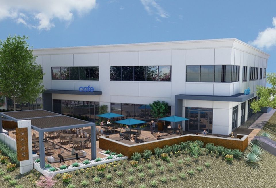 Outdoor amenities at the Axiom biomed campus in University Towne Center, which includes and indoor/outdoor onsite restaurant.
