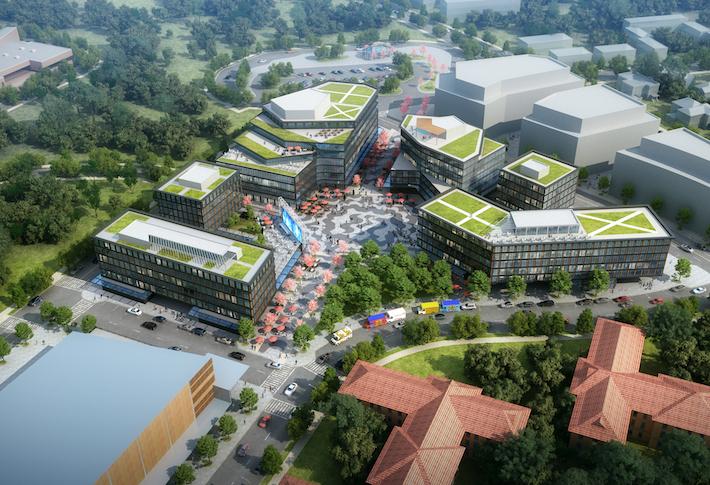 An aerial rendering of the mixed-use town square project Redbrick has planned for St. Elizabeths East