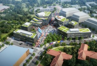 An aerial rendering of the mixed-use town square project Redbrick has planned for St. Elizabeths East