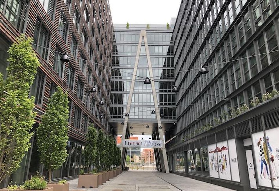 The central walkway connecting JBG Smith's 901 W and 900 W buildings in Shaw, photographed in April 2020.