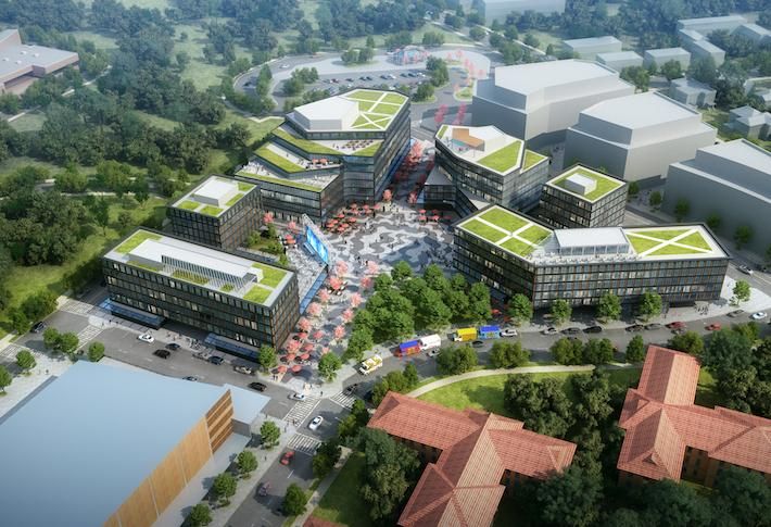 An aerial rendering of the mixed-use town square project Redbrick has planned for St. Elizabeths East