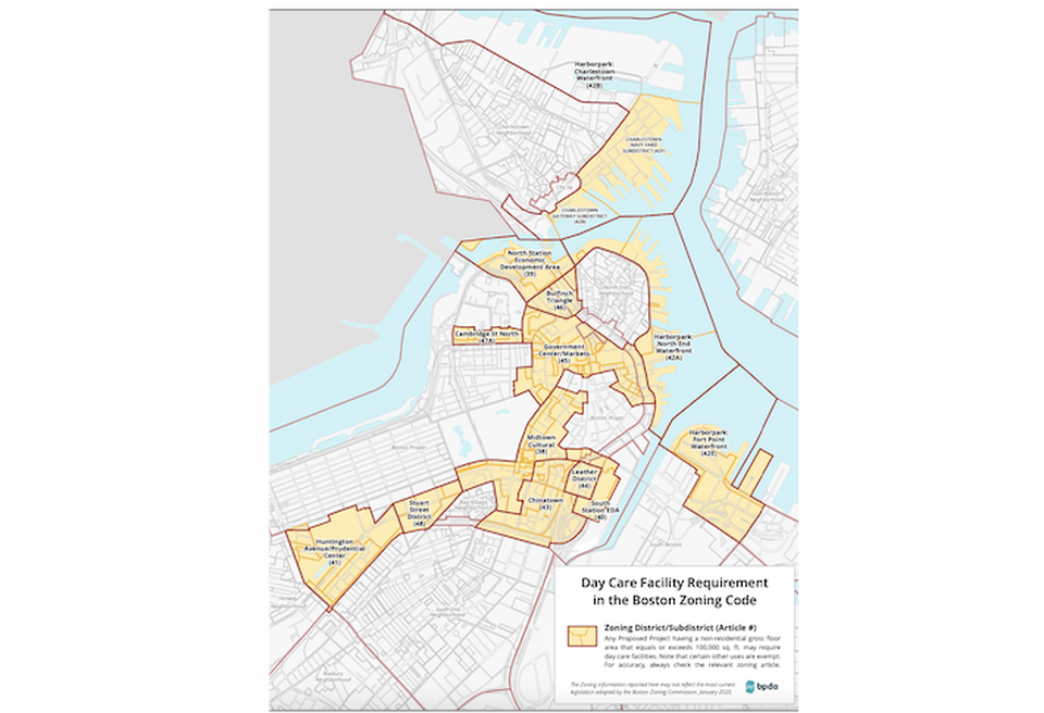 A map of the 14 districts in Boston where developers of 100K SF-plus projects must invest in child care facilities.