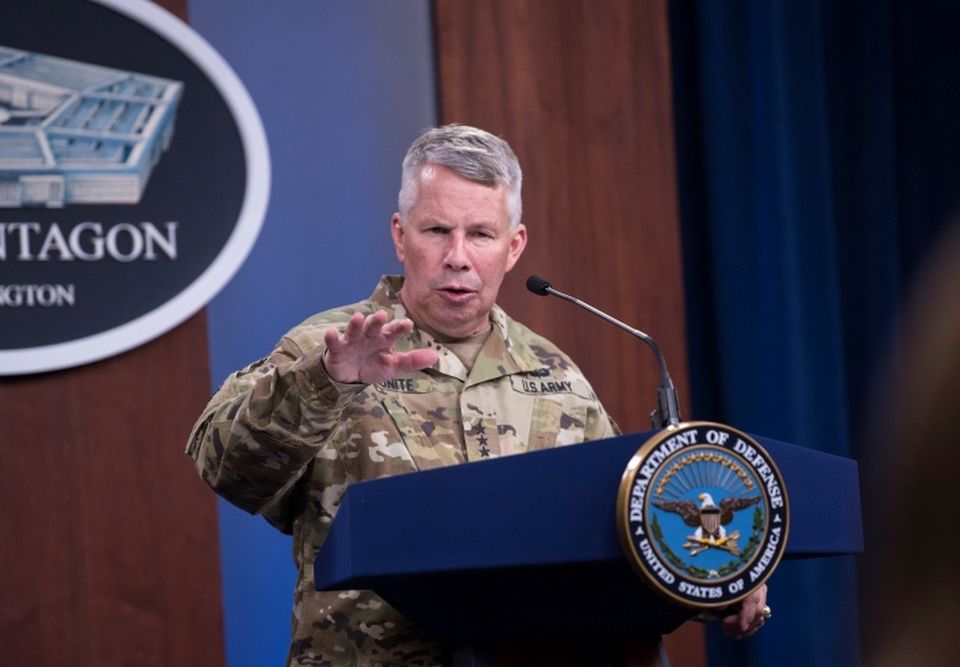 Army Lt. Gen. Todd Semonite, commander of the Army Corps of Engineers, briefing reporters at the Pentagon about Corps support of the Defense Department’s coronavirus response.