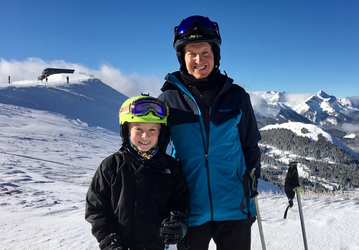 Trailbreak Partners principal Doug Elenowitz on the slopes with his son Evan at Telluride.