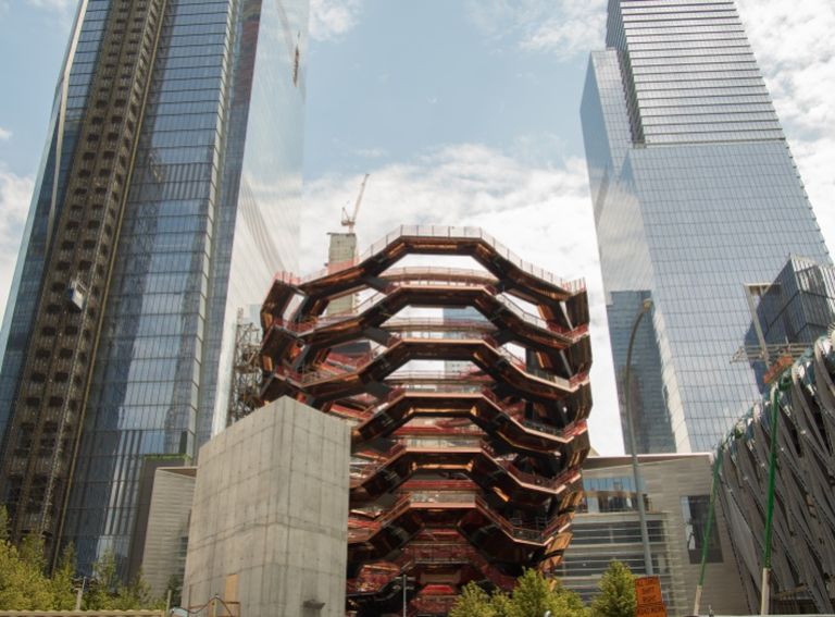 Hudson Yards under construction at night