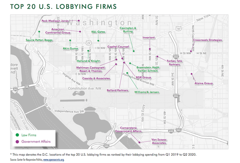 A map from CBRE's report showing the D.C. locations of the 20 U.S. firms with the most lobbying spending, including government affairs firms and law firms. 