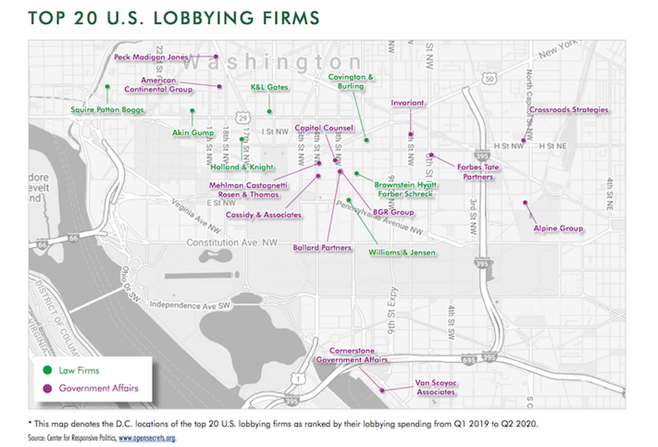 A map from CBRE's report showing the D.C. locations of the 20 U.S. firms with the most lobbying spending, including government affairs firms and law firms.