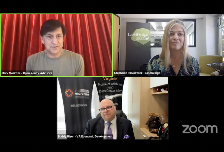 Clockwise from top left: Open Realty Advisors' Mark Masinter, LandDesign's Stephanie Pankiewicz and Loudoun County Economic Development's Buddy Rizer on Bisnow's Future of Loudoun County digital summit. 