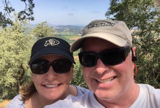 Dan Riley with his wife, Kay Riley, hiking in the hills of Healdsburg, CA overlooking the Russian River.