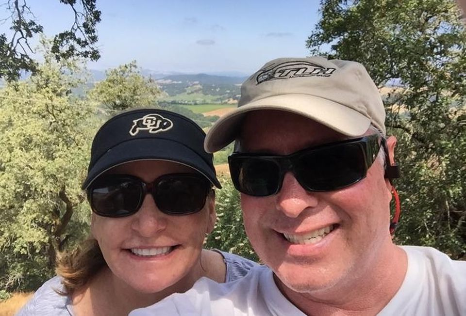 Dan Riley with his wife, Kay Riley, hiking in the hills of Healdsburg, CA overlooking the Russian River.
