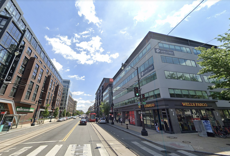 The H Street corridor, with the Whole Foods-anchored Apollo building on the left, and the building that Bond Collective occupies on the right. 