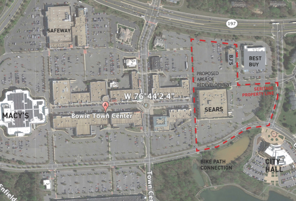 A map of Bowie Town Center showing Seritage's proposed redevelopment site outlined in red.