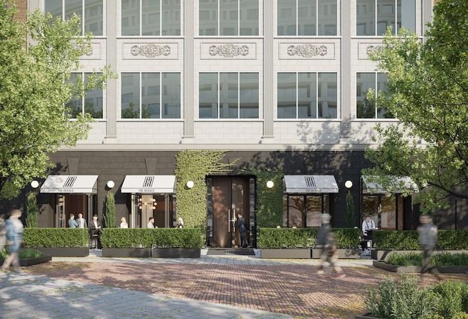 A rendering of the renovated entrance Marx Realty has planned for the 1307 New York Ave. NW office building.