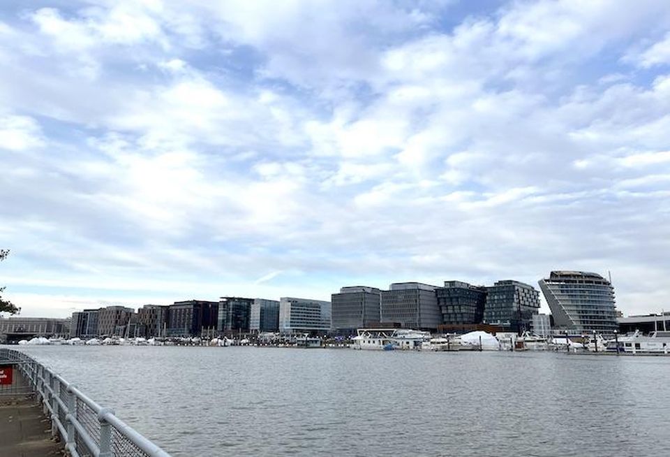 The full first and second phases of megaproject The Wharf, photographed from East Potomac Park in February 2022.