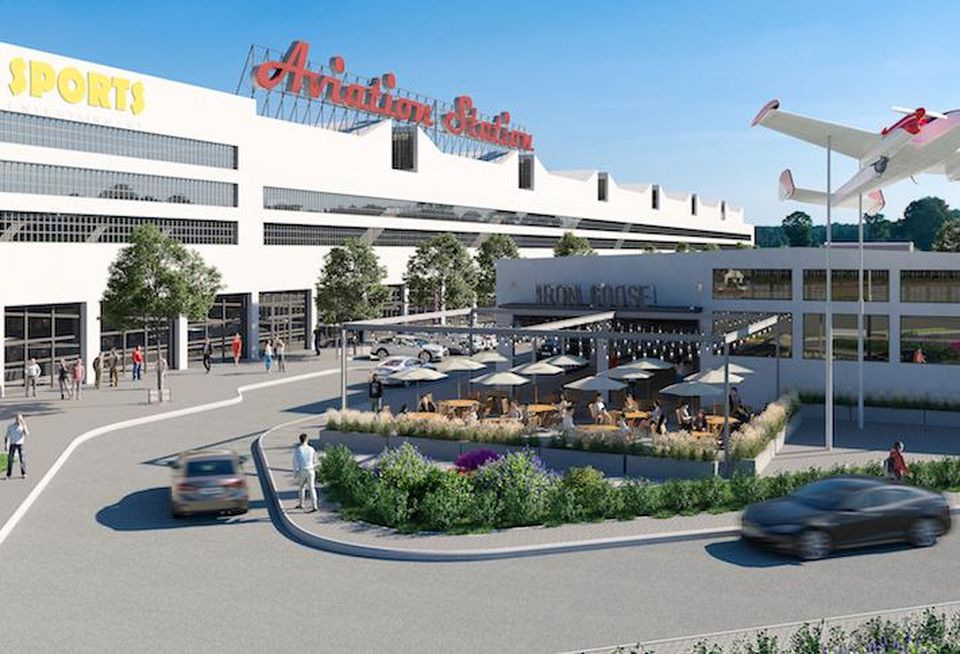 A rendering of Aviation Station, a former industrial manufacturing plant being redeveloped into a mixed-use project