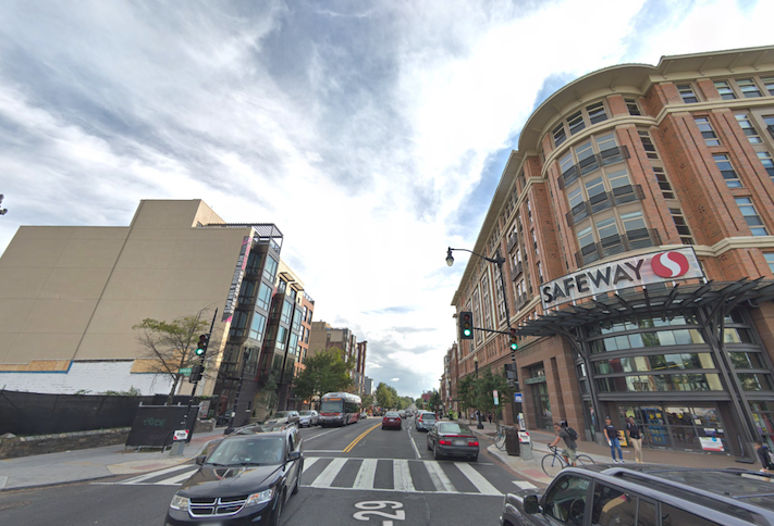 The 3800 block of Georgia Avenue, with new apartment projects on the left and the Safeway grocery store on the right