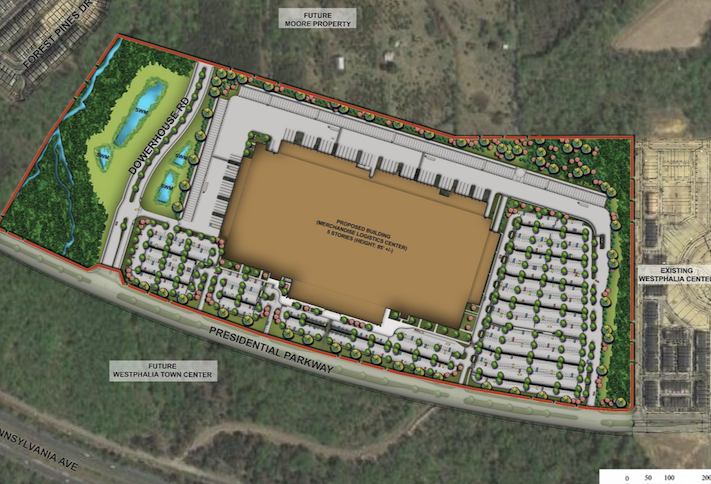 A site plan of the fulfillment center planned at Westphalia Town Center