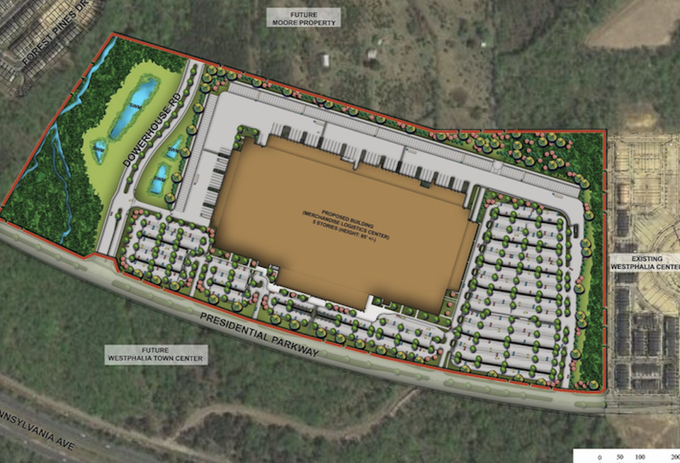 A site plan of the fulfillment center planned at Westphalia Town Center