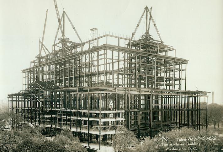 A 1933 photo of the National Archives building under construction A 1933 photo of the National Archives building under construction
