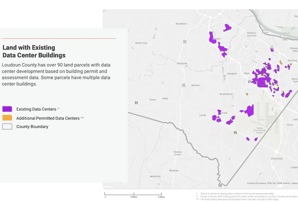 A map from Loudoun County's Data Center Land Use Study showing the land occupied by data centers in the county.